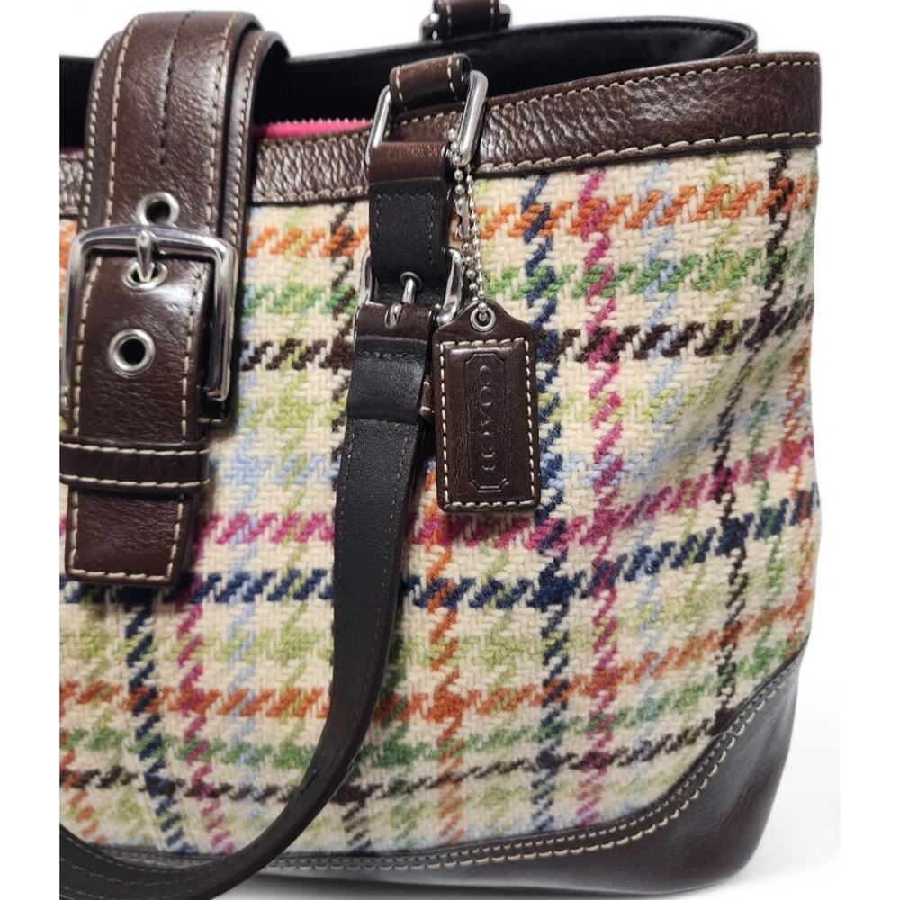 Coach Bag Hampton Tattersall Houndstooth Plaid Woven Shoulder Large Multicolor - Picture 3 of 11